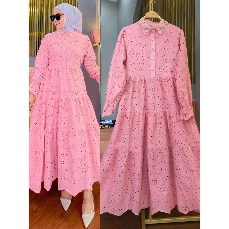 Robe musulmane brodée en dentelle creuse pour femmes, col à manches longues, fraîche et douce, nouveau produit de printemps