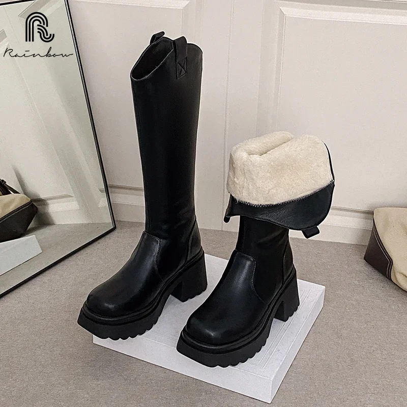 

RAINBOW34-40 Winter Thick Plush Warm Women High Boots Fashion Thick Bottom Knight Booties Trend Non Slip Long ZIP Platform Shoes