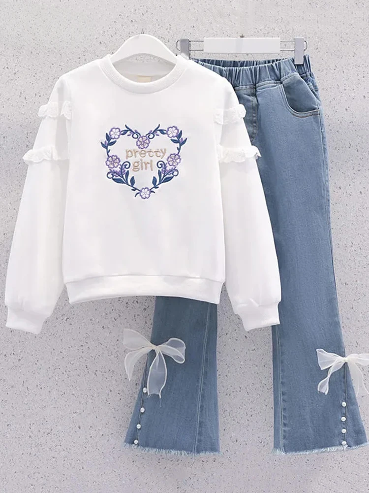 Spring Fall Girls Casual Conjuntos Sweet O Neck Sweatshirts Tops And Fashion Design Flare Jeans Ensemble Children's 2 Piece Sets