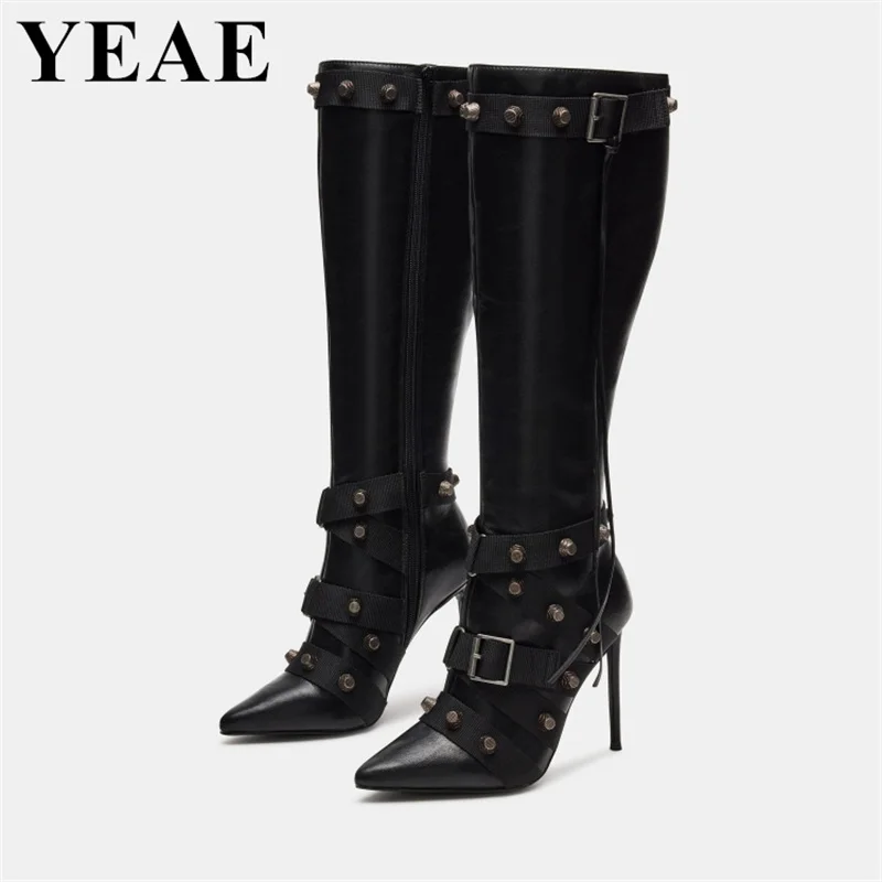 

Fashion Rivet Cross-tied Knee High Boots Women Pointed Toe High Heels Shoes Buckle Strap Side Zippers Motorcycle Boots Woman