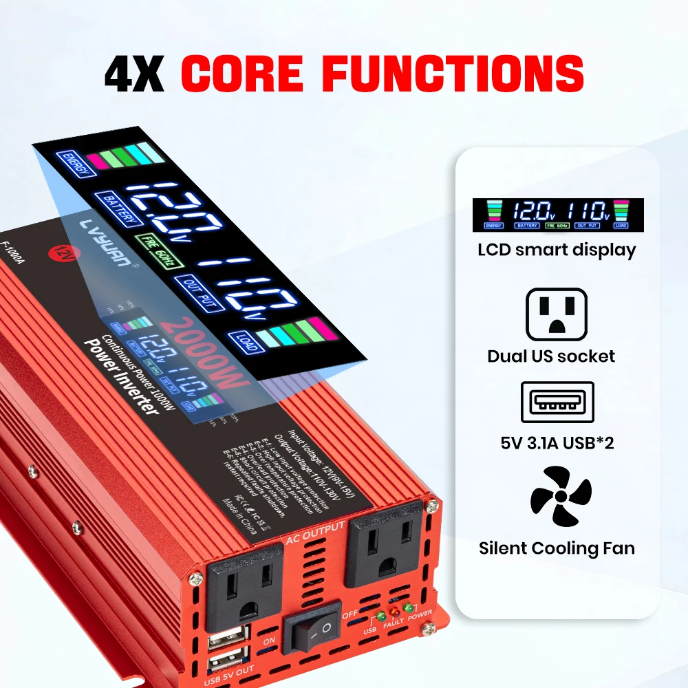 محول السيارة عاكس الطاقة تيار مستمر 12 فولت إلى التيار المتناوب 110 فولت محول LCD 1500-2600 واط المزدوج USB شاشة الكريستال السائل العاكسونات الشمسية بنك الطاقة المحمولة #4