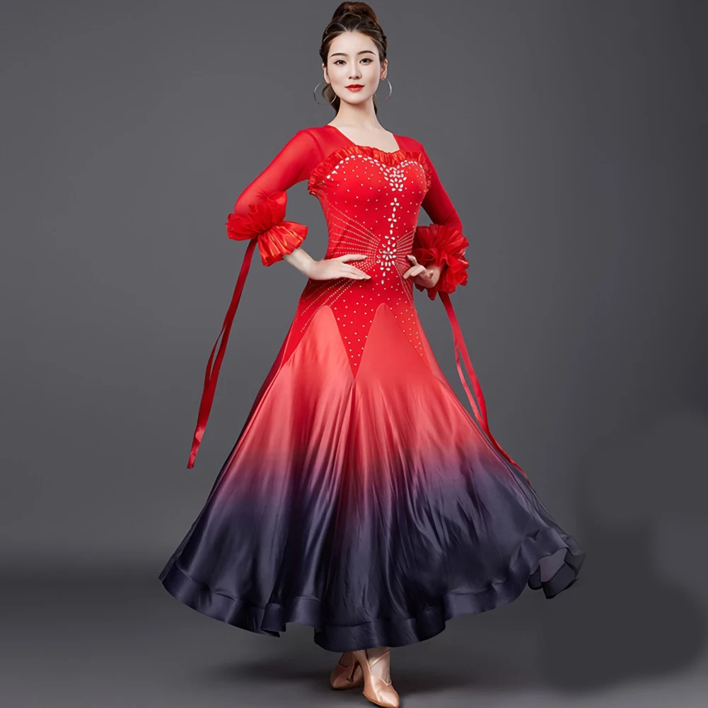 

Purple Stage Costume Rhinestones Waltz Dress High Quality Competition Uniforms Red Standard Dance Dresses Competition New Style
