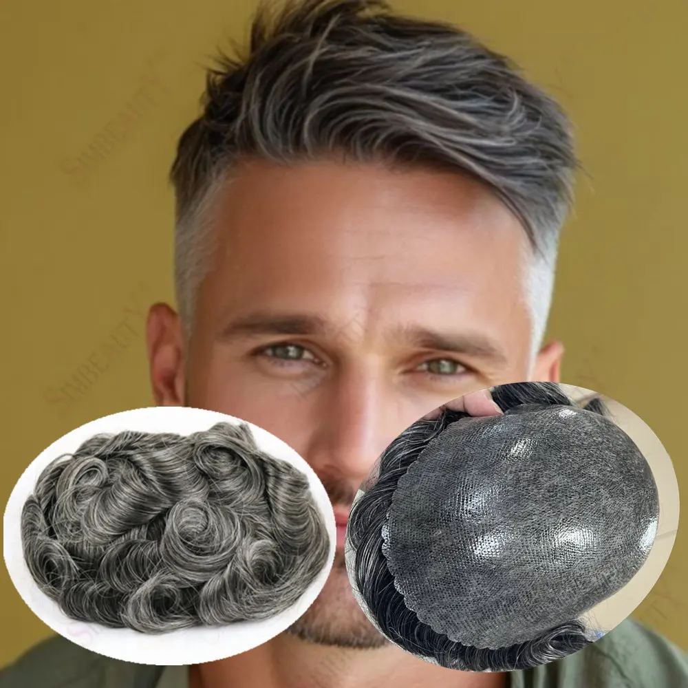 

0.1mm Full PU Thin Skin Men Toupee Human Hair Natural Hairline#1B40 1B80#Grey Black Poly Male Hair Replacement System Prosthesis