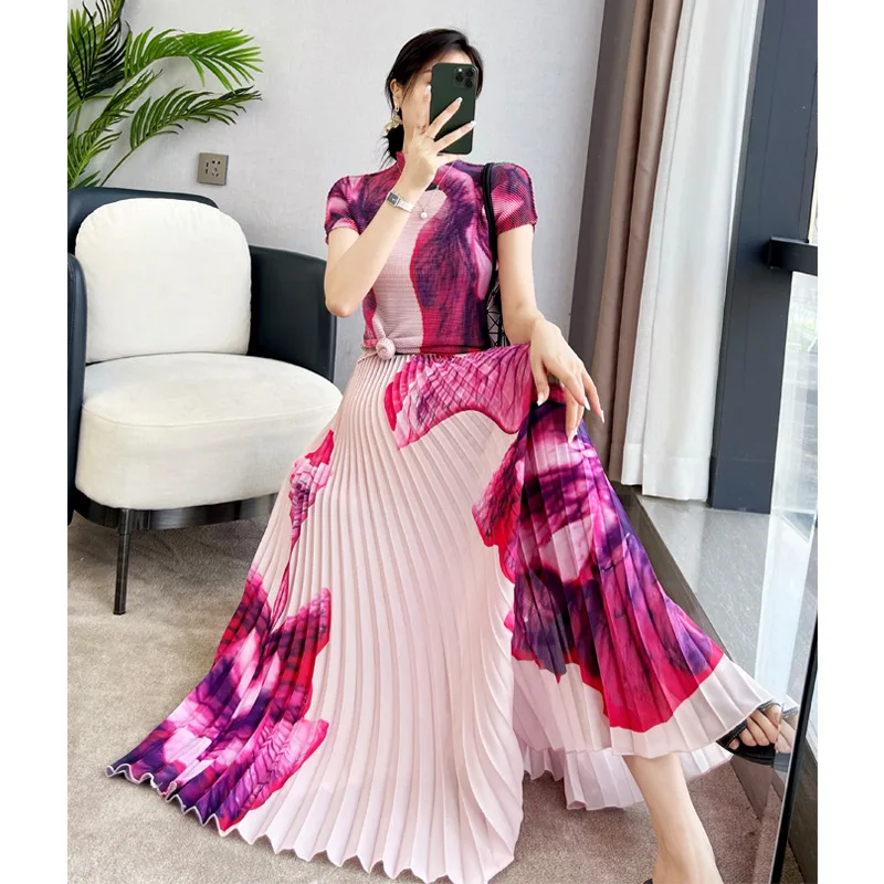 

Miyake Pleated Suit Women 2022 Summer Gradient Color Printed Loose Top Women's High Waist Two-Piece Overskirt Suit