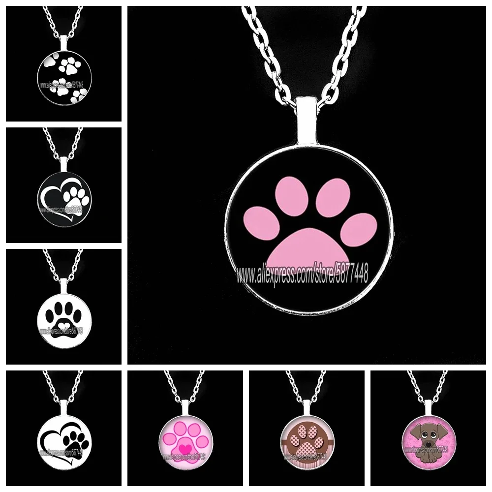 Cute Cat Paw Print Glass Necklace I Love Cat and Dog Pendant Necklace Lovely Dog Print Chain Necklace Gift for Girl and Women