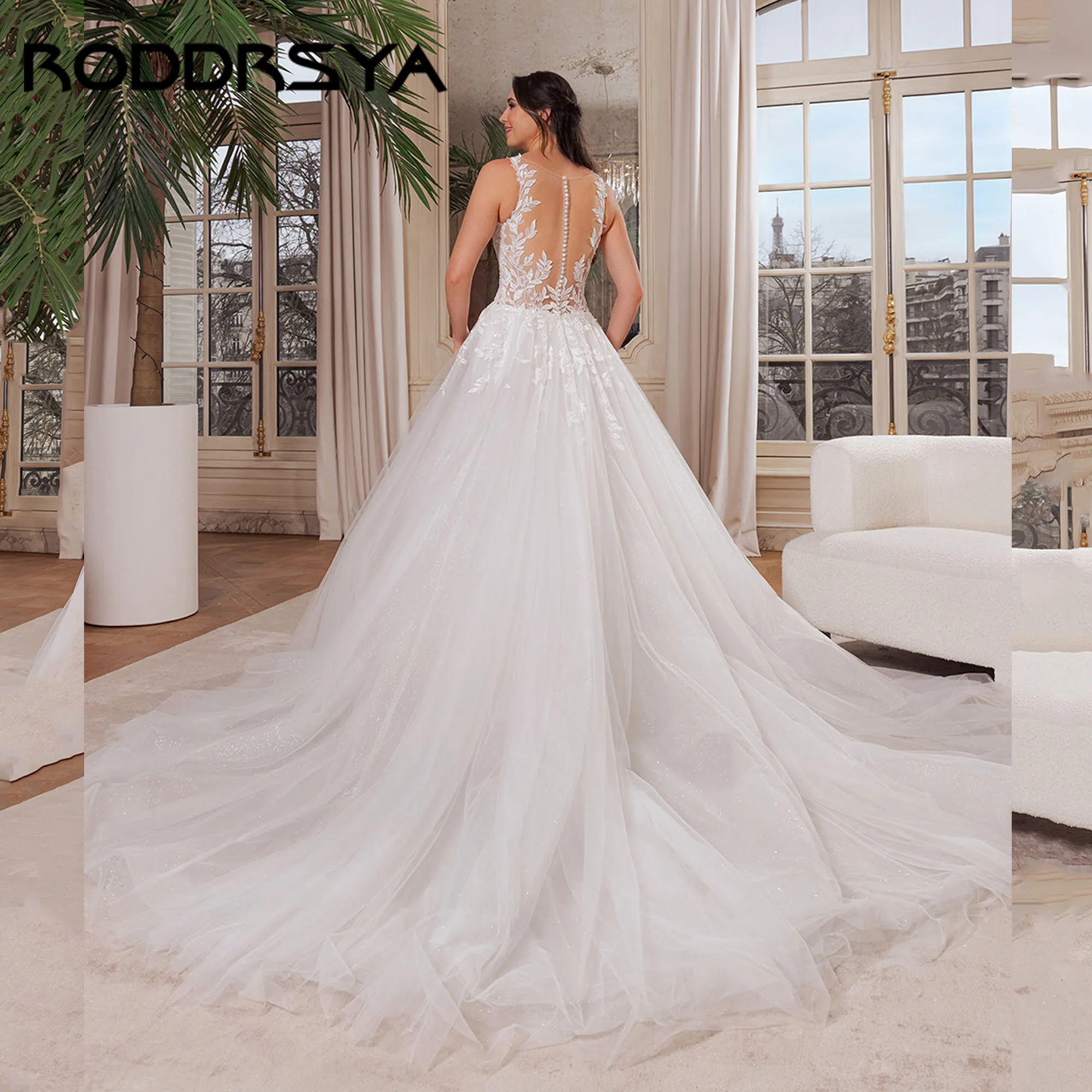 

RODDRSYA Appliques Tulle Bridal Dress V-Neck A-Line Sleeveless Shiny Wedding Gown Backless Illusion vestidos de novia Customized