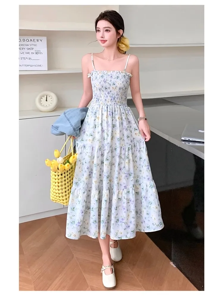 طقم فستان صيفي أنيق مضاد للشيخوخة، بلوزة دنيم بأكمام نحيفة مع فستان زهري بحمالة رقبة، طقم من قطعتين مع تنورة عالية الخصر على ...