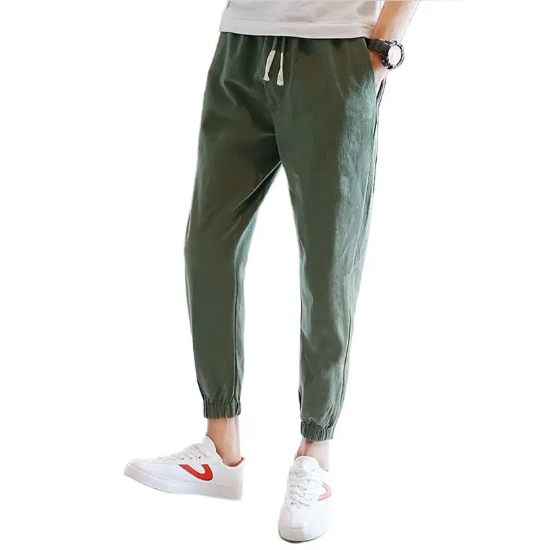 Mens New Summer Fashion Cotton And Linen Ankle-length Pant Drawstring Waist Slim Fit Pants Loose Solid Trousers  Plus Size M-6XL