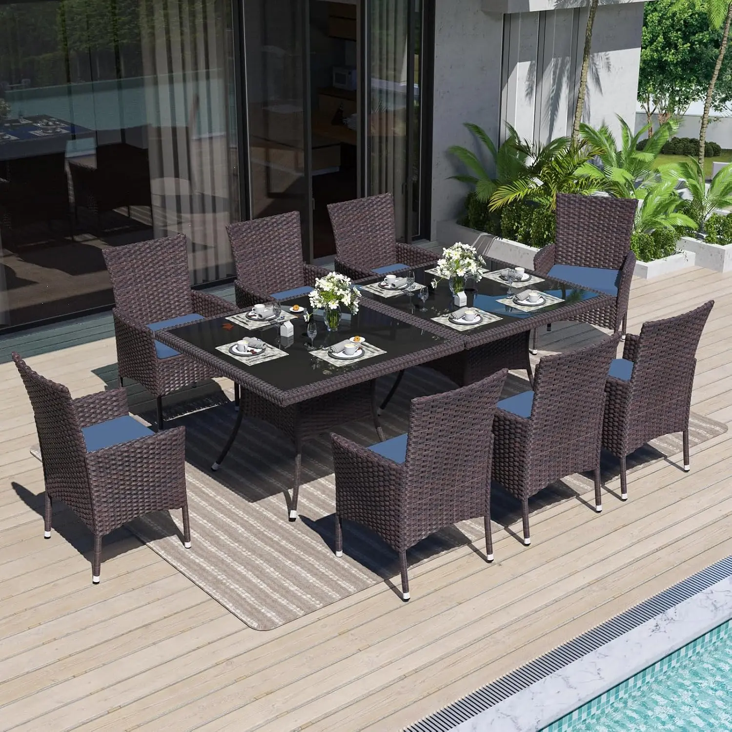Wicker Patio Dining Set 10-Piece Glass Table & Chairs Removable Cushions Umbrella Hole for Backyard Garden, Customized