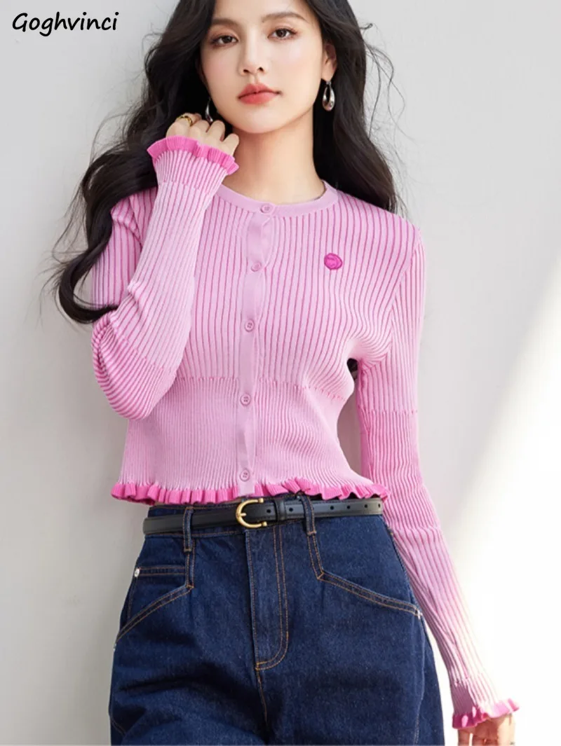 

Cardigan Women Solid Simple Korean Fashion Autumn O-neck All-match Fungus Design Cropped Sweaters Classic Prevalent Ulzzang Ins