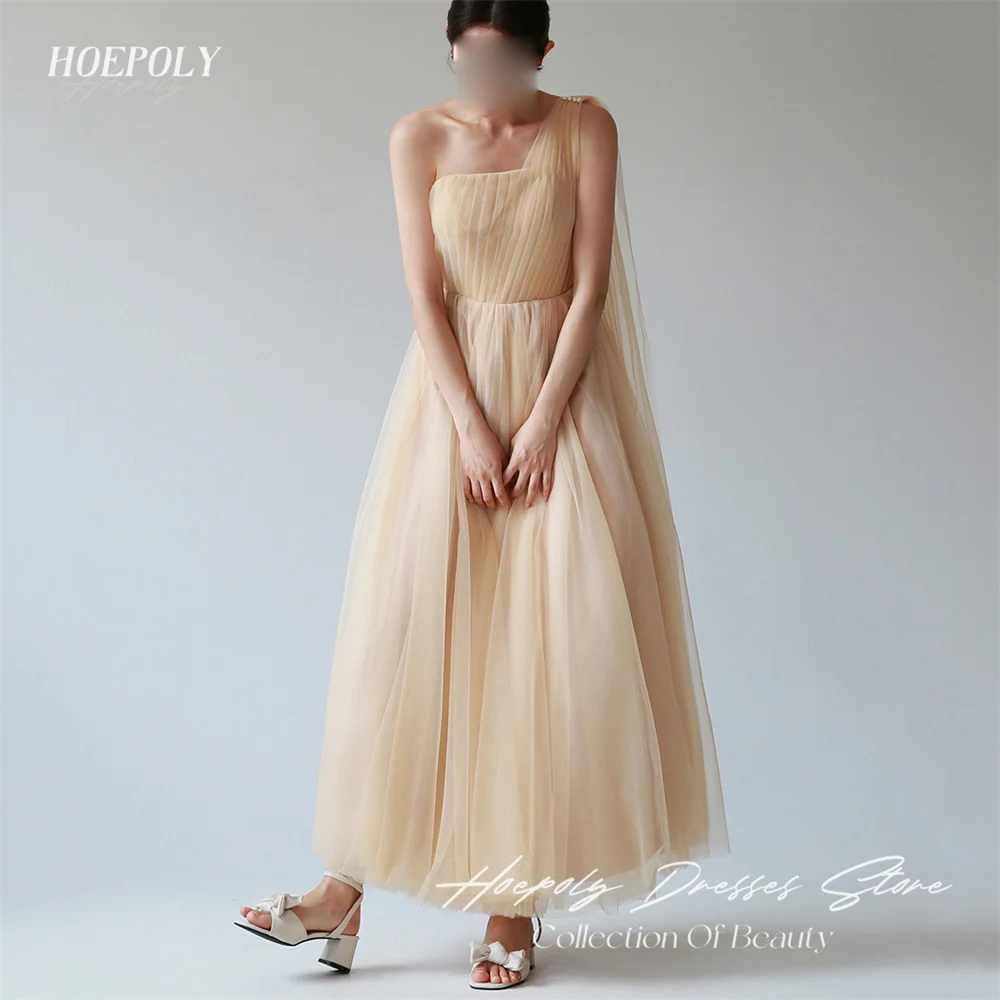 Hoepoly Pleat Elegant One Shoulder Sleeveless A Line Long Evening Dress Ankle Length Classy Formal Prom Gown For Woman 프롬드레스