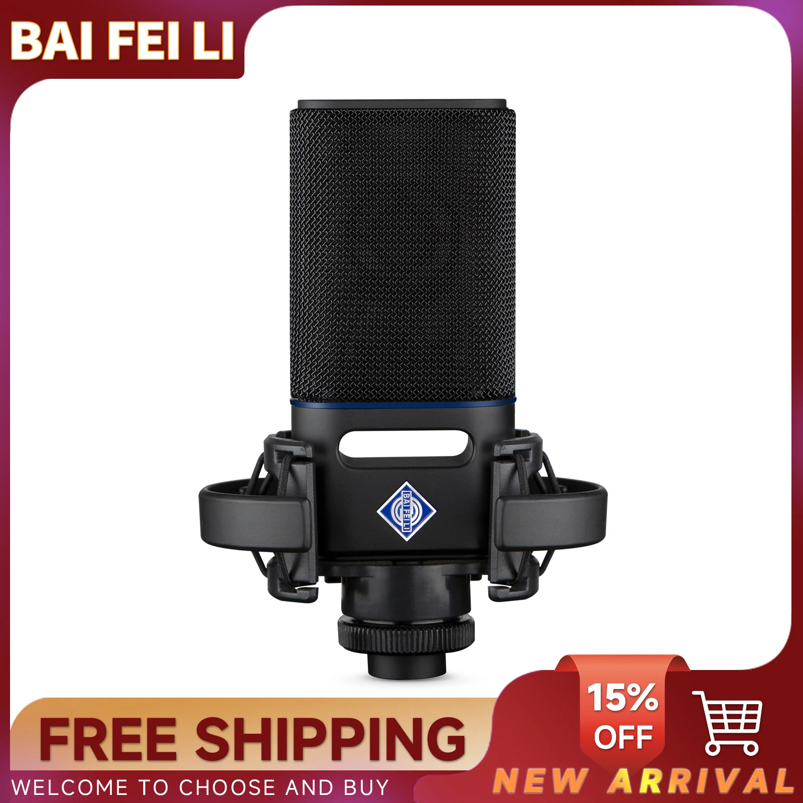 BAIFEILI FD10 Mikrofon Kondensor Diafragma Besar Profesional dengan Shock Mount untuk Perekaman Vokal, Podcasting, Streaming