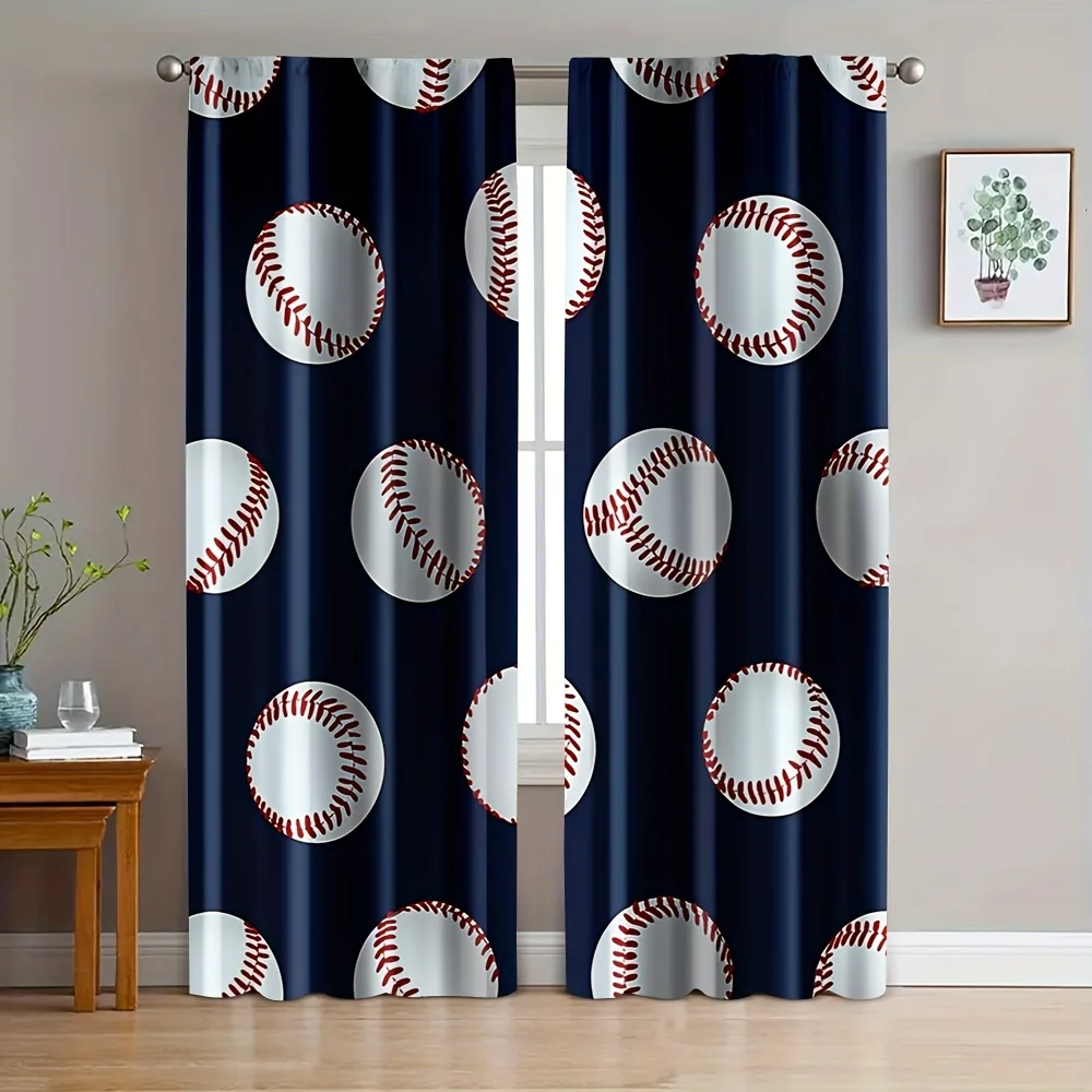Baseball Pattern Curtain, Sports Theme Window Drape, Blue Ball Print Blackout Panel, Kids Room Bedroom Home Decor