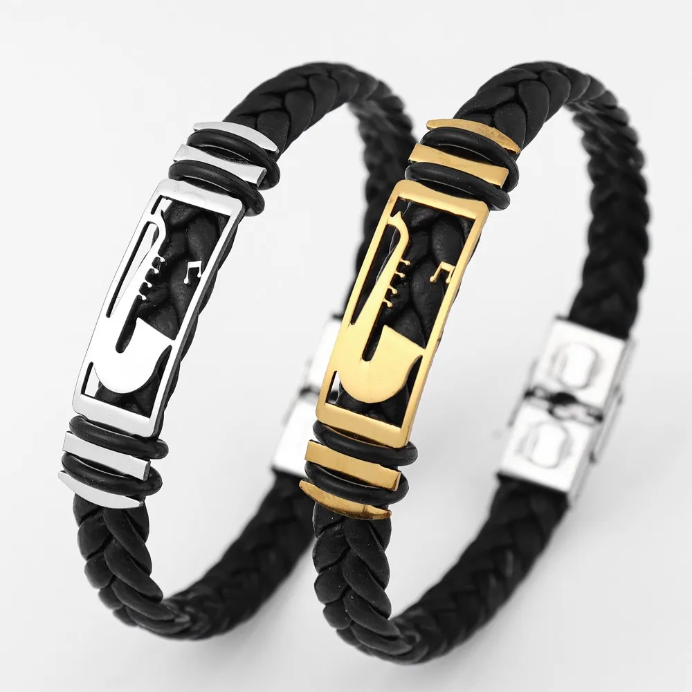 New Vintage Metal Instrument Saxophone Woven Leather Rope Bracelet Fashion Men\'s Premium Leather Bracelet Gift Wholesale