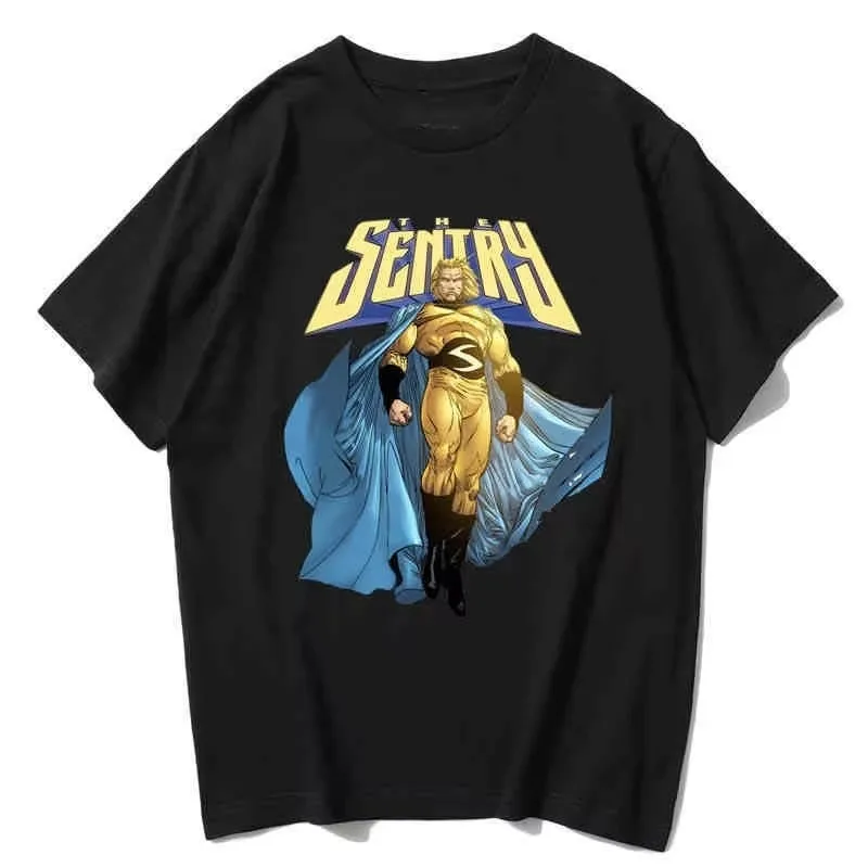 

2025 футболка с принтом Marvel Comics Sentry, мужская и женская летняя новая американская футболка большого размера, свободный повседневный трендовый топ с короткими рукавами