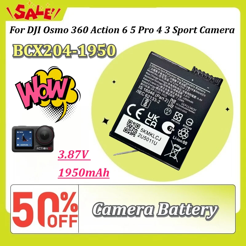 New BCX204-1950 3.87V 1950mAh 7.55Wh Rechargeable Li-Po Replacement Battery For DJI Osmo 360 Action 6 5 Pro 4 3 Sport Camera