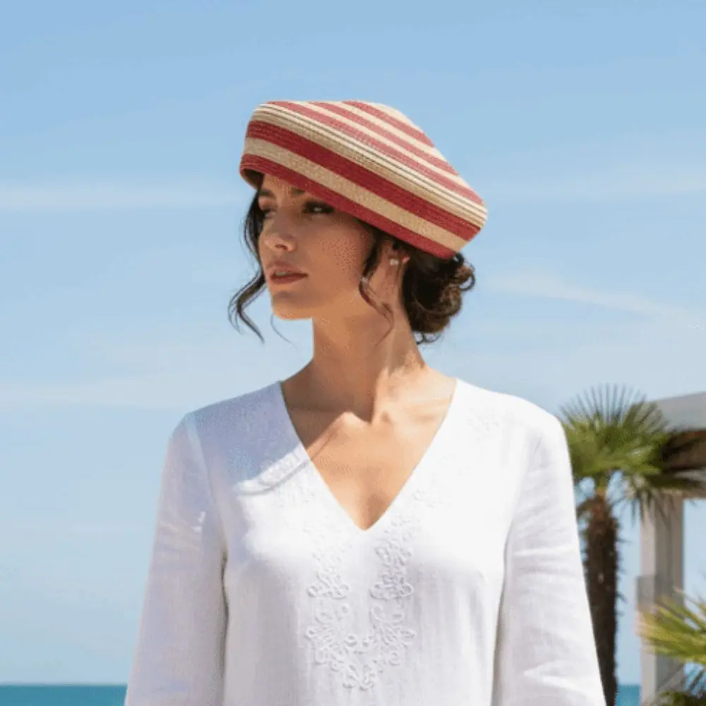 Summer Cap Striped Pattern Straw Top Hat Color Block Paper Straw Dome Cap Lightweight Breathable Weave Sun Hat Summer Travel