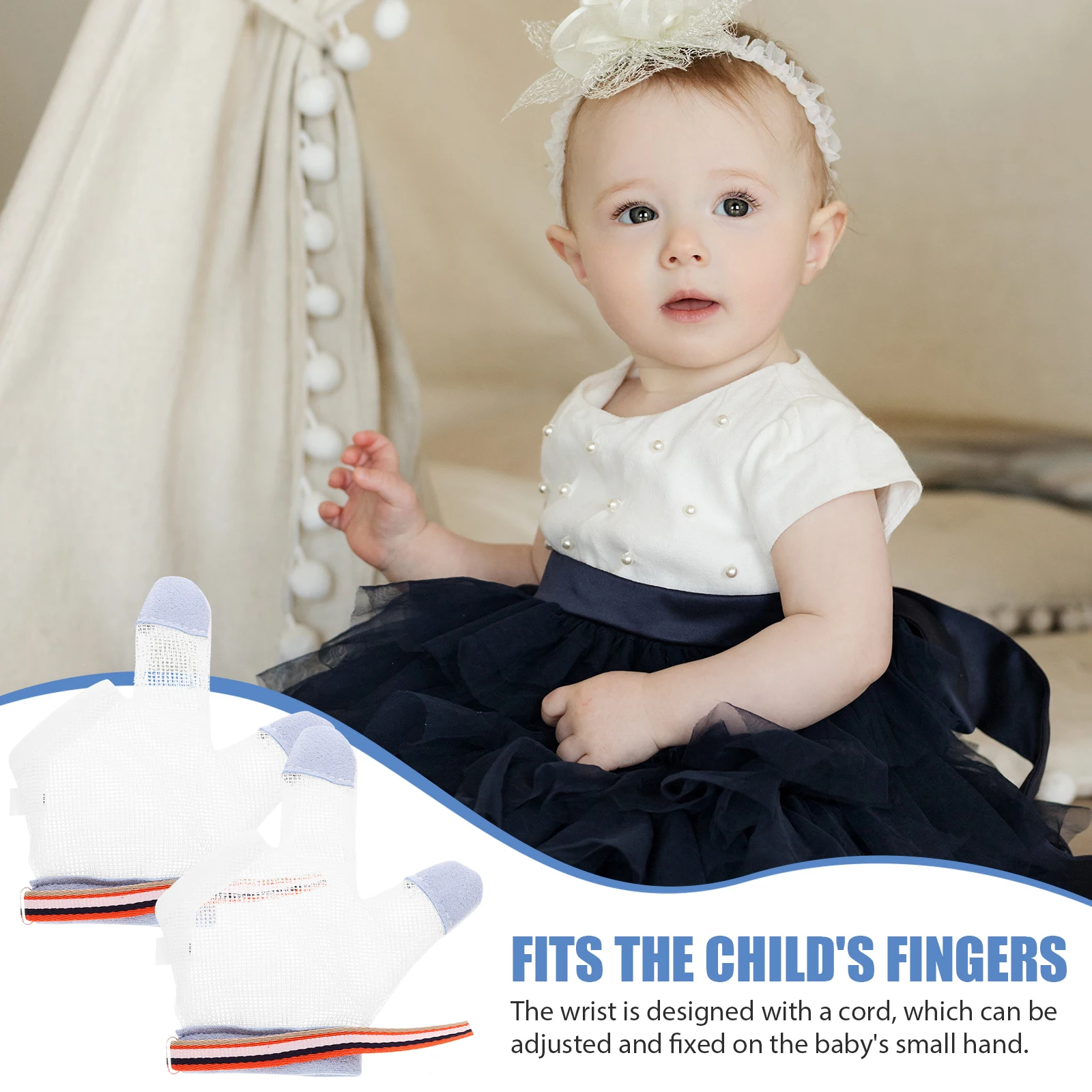 

1 Pair Anti-Eating Hand Gloves Baby Kids Breathable Mesh Teething Mitten Adjustable Soft Skin-Friendly Quick-Drying Fabric For