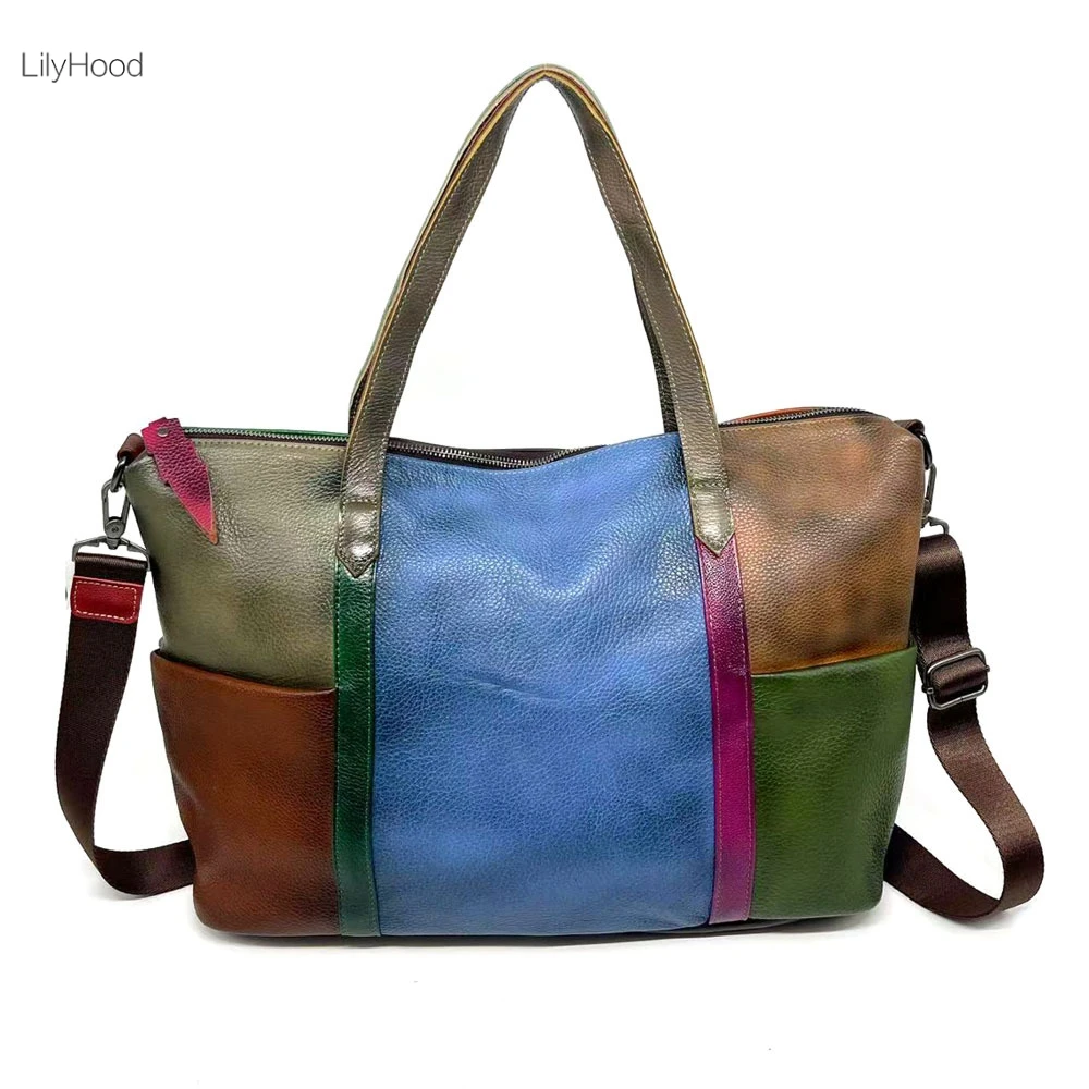 

Patchwork Cow Leather Big Capacity Oversize Large Handbag for Women Vintage Fashion Retro Overnight Genuine Leather Shoulder Bag