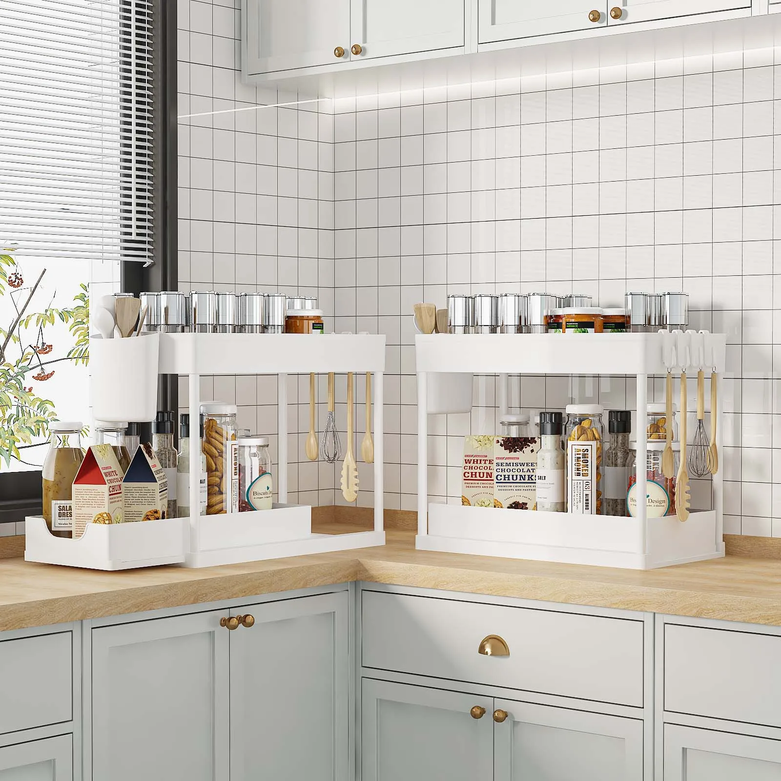 2-Layer Under Sink Organizer - Pull Out Drawer Storage Rack for Kitchen & Bathroom Countertop Cleaning Supplies Holder White