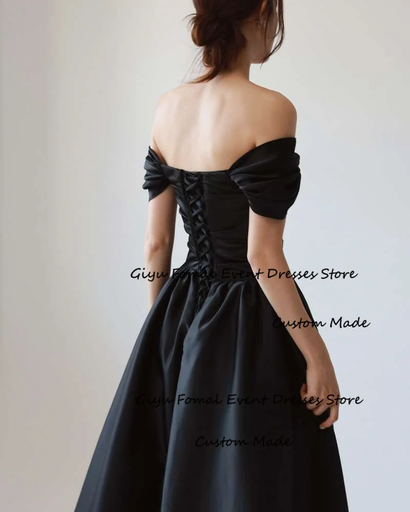 Giyu Simple Off Shoulder A Line Black Evening Dresses Korea Wedding Photoshoot Short Sleeves Corset Back Prom Gowns Formal Party