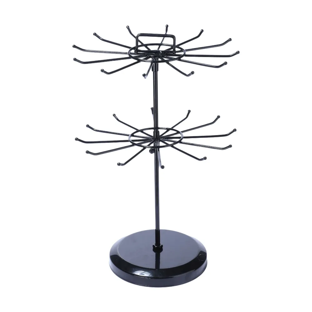 2-Tier Design Jewelry Organizer Stand Rotatable Iron Material Two Tier Jewelry Rack Hooks Included Round Shape