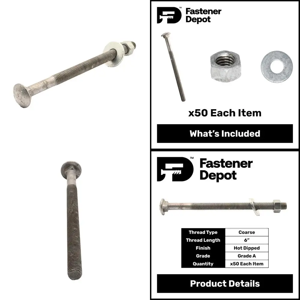 

Galvanized Carriage Bolt Kit 5/16-18 x 8 with 50 Pack Grade 307A, Includes Flat Washers and Hex Nuts, Hot Dipped Coating, 50 Pie