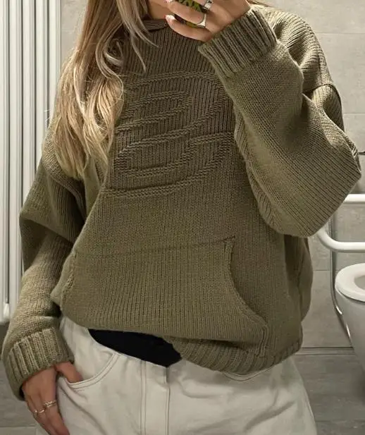 

New Fashion High Street Style Embroidered Jacquard Letter Hooded Pocket Long Sleeved Knitted Sweater for Autumn and Winter