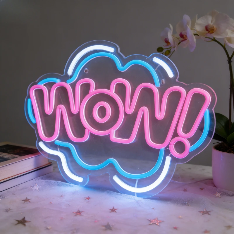 

WOW Neon Sign LED Night Light USB Rechargeable Pop Art Comic Style Aesthetic Wall Art Desk Lamp for Bedroom Home Bar Decor Gift