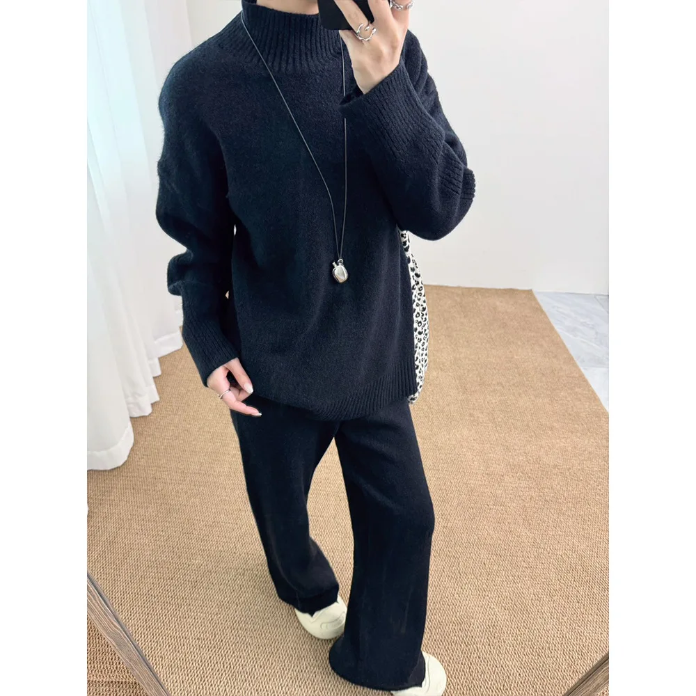 Pant Set Women Two Piece Sets Turtleneck Full Sleeve Sweaters Tops Wide Leg Long Pants Lace Up Elastic Waist Y2k Streetwear