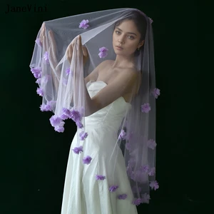 JaneVini Charming Purple Soft Bridal Veils Handmade 3D Flowers Pearls One Layer Fingertip Length Veil Women Wedding Accessories
