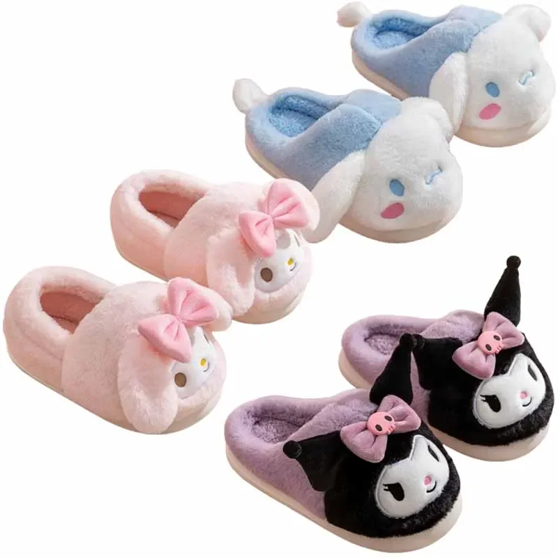 Sanrios Anime Cartoon Women Home Shoes Kuromi Cinnamoroll My Melody Cute Girl Autumn Winter Warm Plush Thick Cotton Slippers