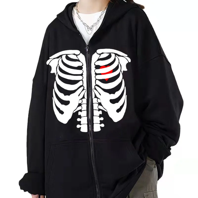 

Fashion Y2K Skeleton Hoodies Women Gothic Black Zip Up Oversized Sweatshirt Ladies Retro Harajuku Hooded Jacket Coat Streetwear