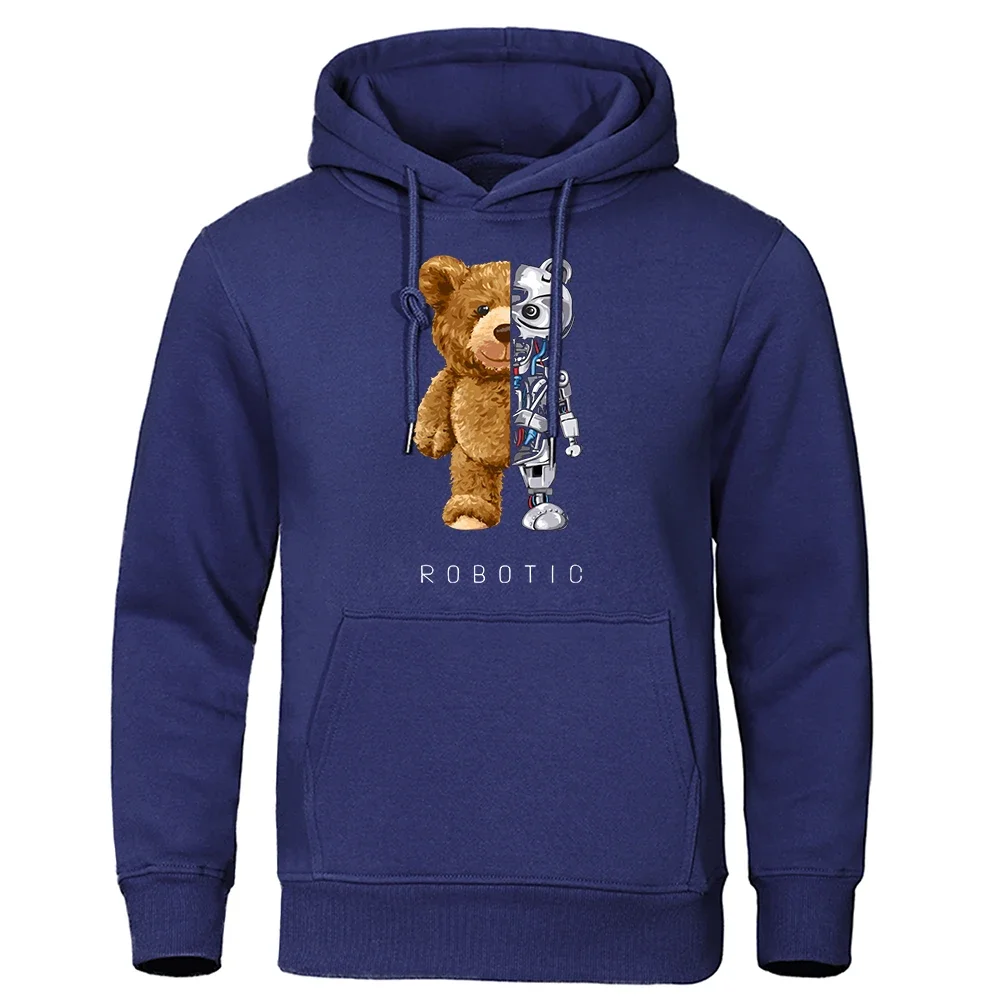 New Funny Teddy Bear Robot Hoodie Robotic Bear Clothing Casual Hooded Men Fashion Sweatshirts Fleece Oversized Loose Streetwear