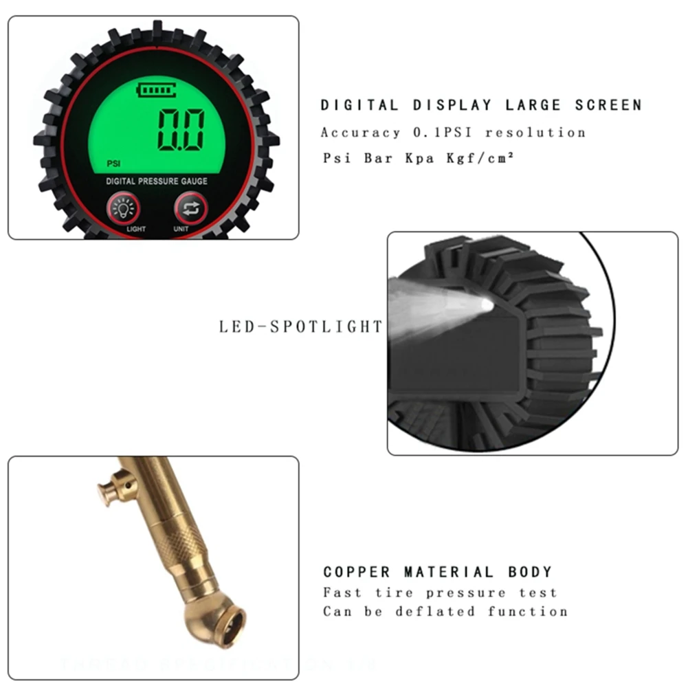 Новое обновление, цифровой манометр для шин, воздушный патрон и аксессуары для компрессоров, ЖК-дисплей, сверхмощный светодиодный прожектор 255PSI