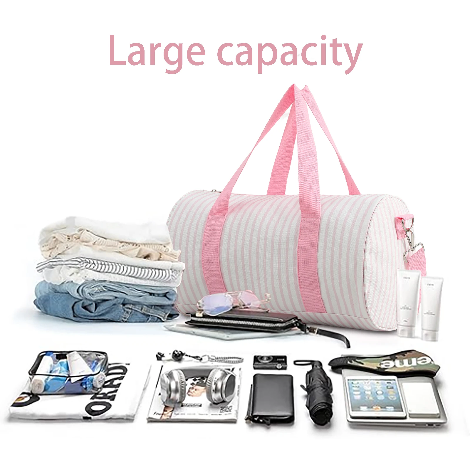 Striped Duffle Bag Women Canvas Embroidery Travel Shoulder Bag With Detachable Adjusted Strap
