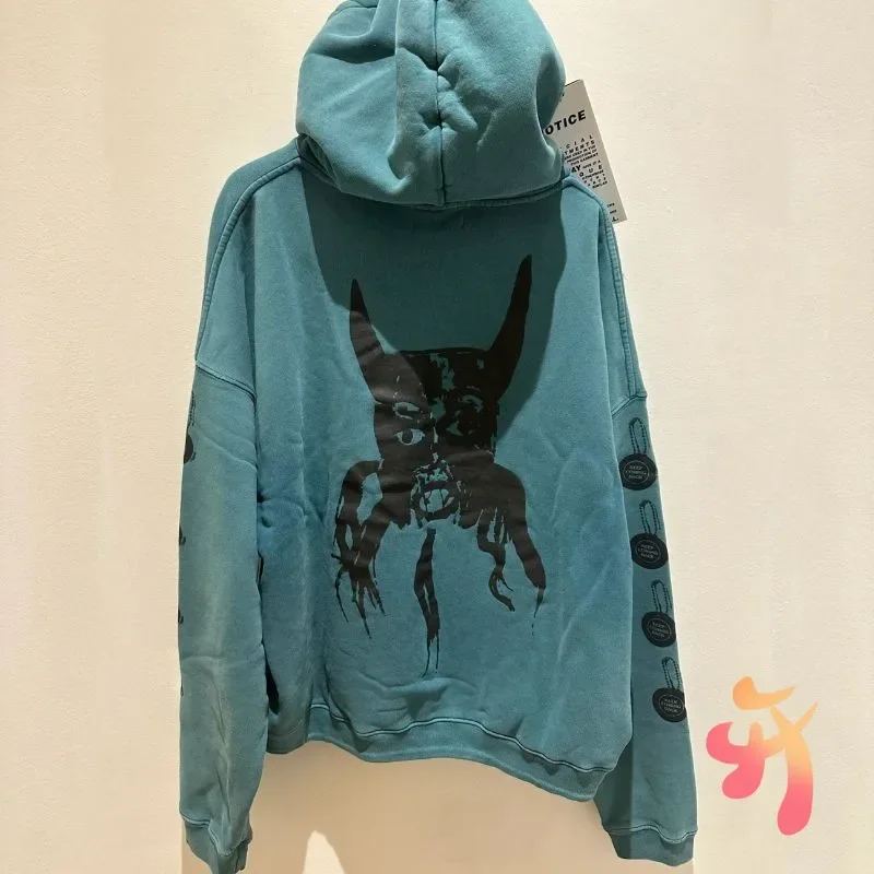 24ss Retro Fading Washed Blue Graffiti Bull Head Mask Portrait Print ERD Hoodies Street Oversized Men Women Riches Sweatshirt