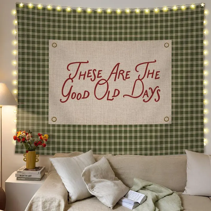 VIKAMA Beige Stripe Tapestry Wall Hanging How Lucky Are We Handwritten Quote Neutral Aesthetic Wall Art Living Room Decor
