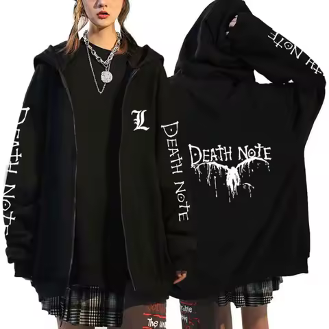 Japan Anime Death Note Zip Up Hoodies Gothic Men's Cartoon Misa Amane L Ryuk-Graphic Streetwear Black Fleece Zipper Jacket Coats