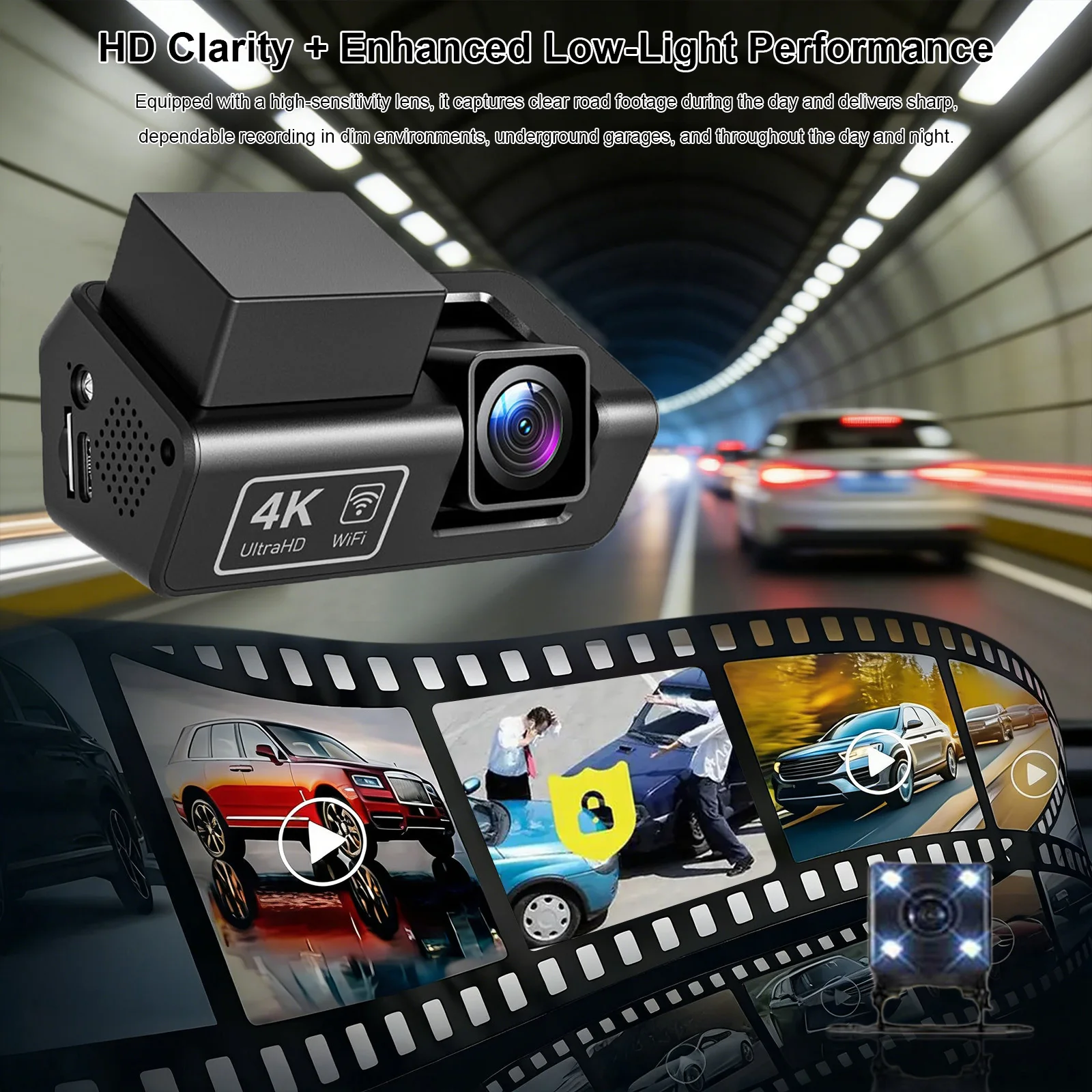 4K Dash Cam Built-in WiFi and Night Vision Car Dash Camera Compact with 24H Parking Mode Cycle Recording G-Sensor