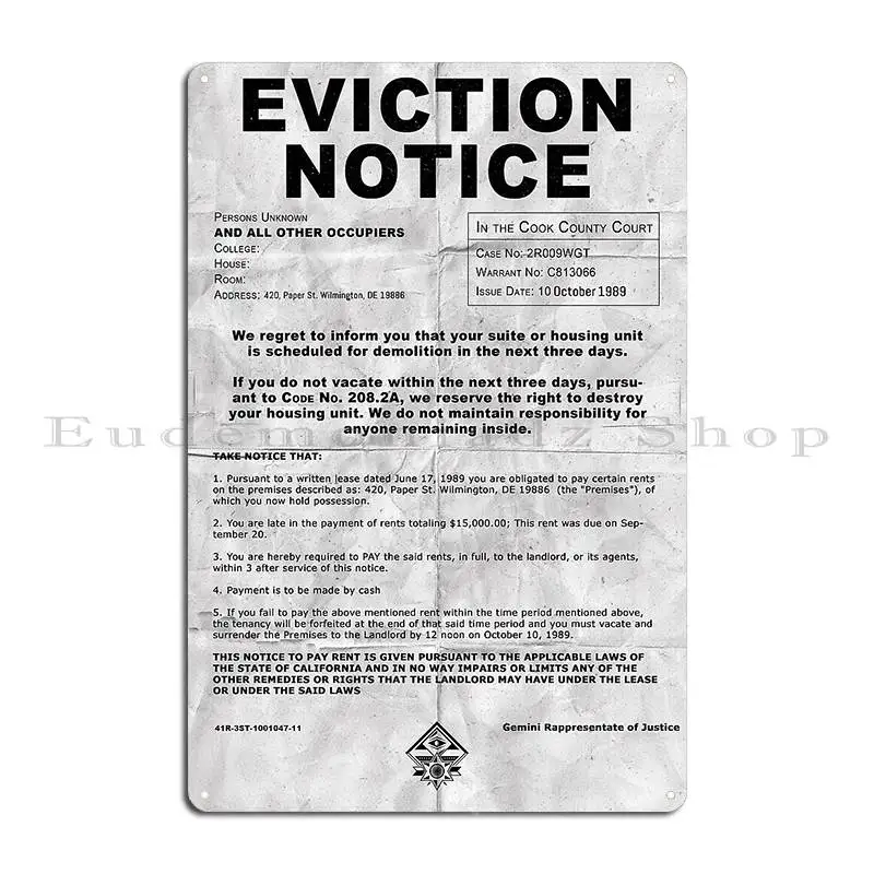 Eviction Notice Metal Sign Kitchen Garage Customized Wall Custom Pub Tin Sign Poster