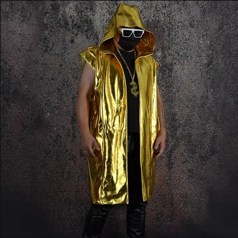 

Men's Fashion Gold PU Hooded Stage Jackets Spring Splice Leather Coats Nightclub Trend Hip Hop New Male Singer Slim Outerwear