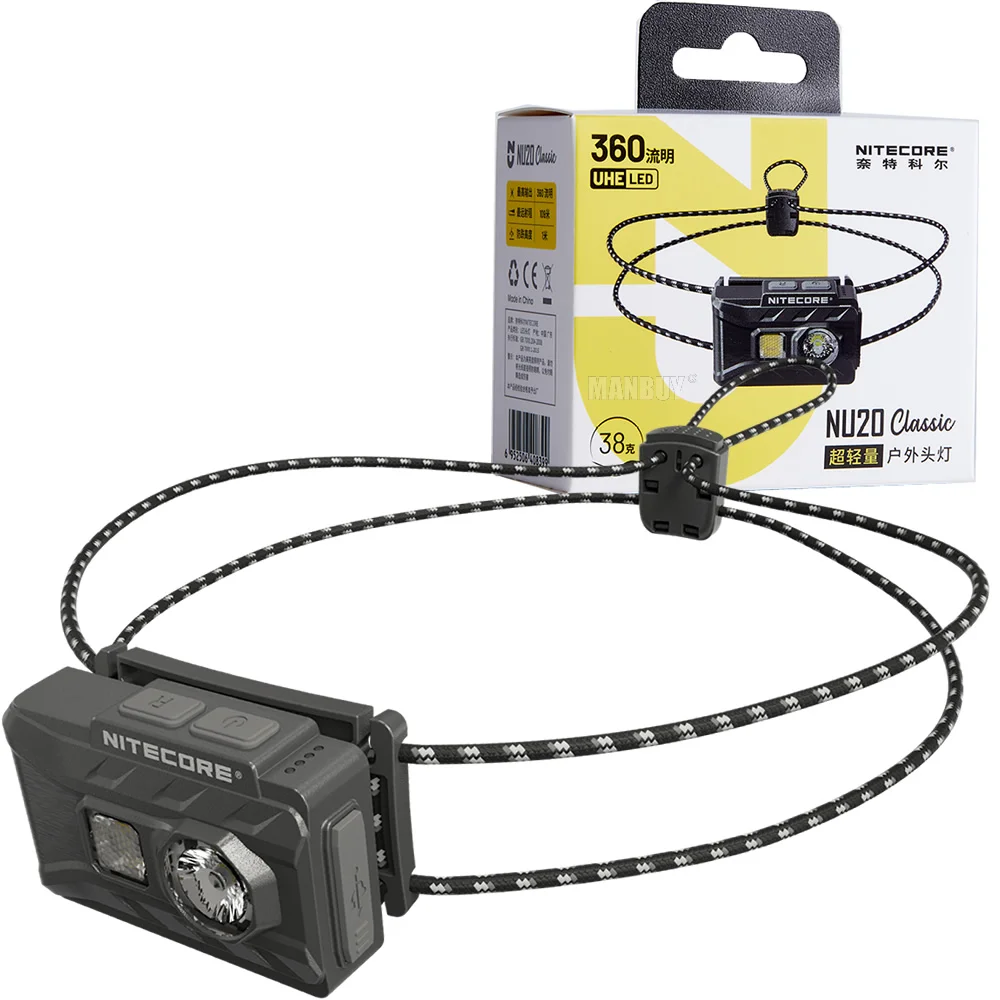 Nitecore NU20 lampu depan mobil klasik, lampu depan klasik 2024 360 lumen USB-C dapat diisi ulang Ultra ringan luar ruangan, lari, berkemah, tahan air