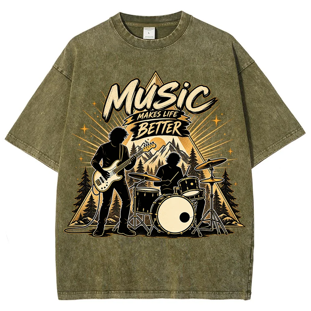Men Music Makes Life Better Graphic T Shirt Vintage Short Sleeve Casual Top Rock Band Mountain Outdoor Summer