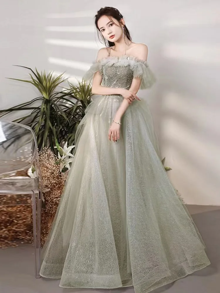 

Light Green Evening Dress For Women Exquisite Sequins Beading Long Luxury 2025 A-Line Tulle Formal Prom Gowns Vestidos De Noche