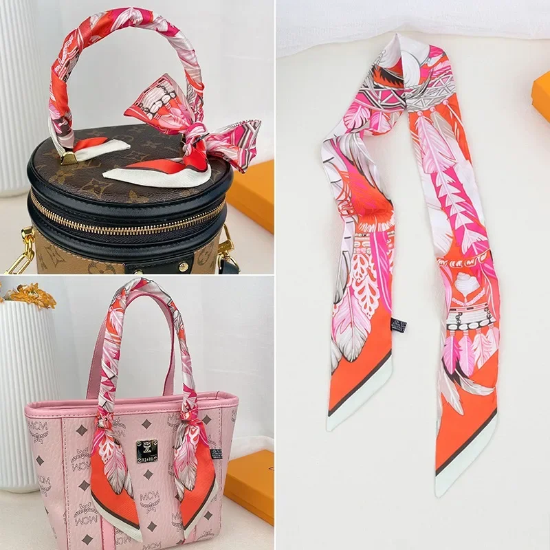 2024 Fashion New Animal Feather Pattern Ladies Leisure Decoration Twill Long Strip Streamer Silk Scarf Tie Bind A Bag Ribbon