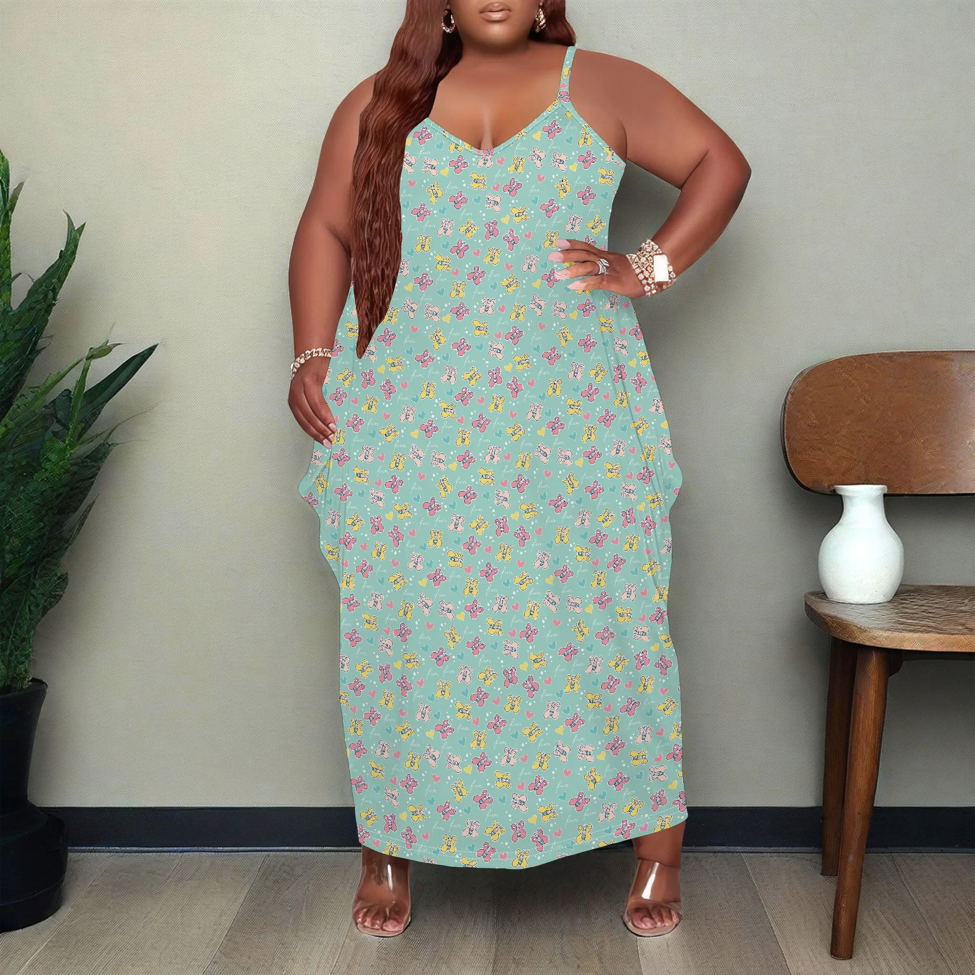 فستان نسائي مقاس كبير فستان طويل فضفاض سهل الارتداء مع جيب قابل للتمدد Y2K طباعة فراشة XL-6XL