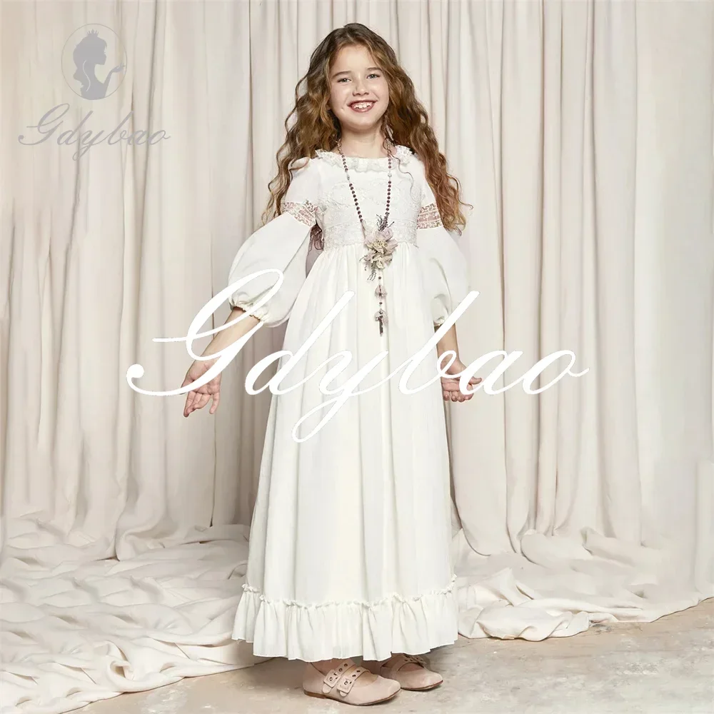 Applique Elegant Princess First Communion Dress For Girl Long Puff Sleeve A Line Ankle Length Flower Girl Gown Customized