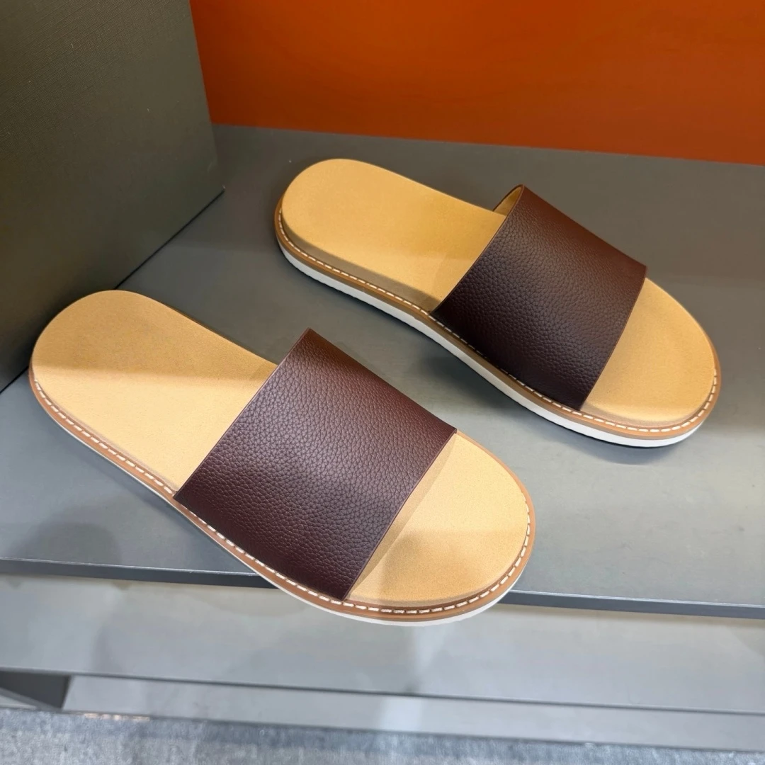 Handmade Fashion Sandals Luxury Brand Men's Shoes House Slippers Beach Garden Outdoor Slides Litchi-grain Cowhide Holiday Gifts