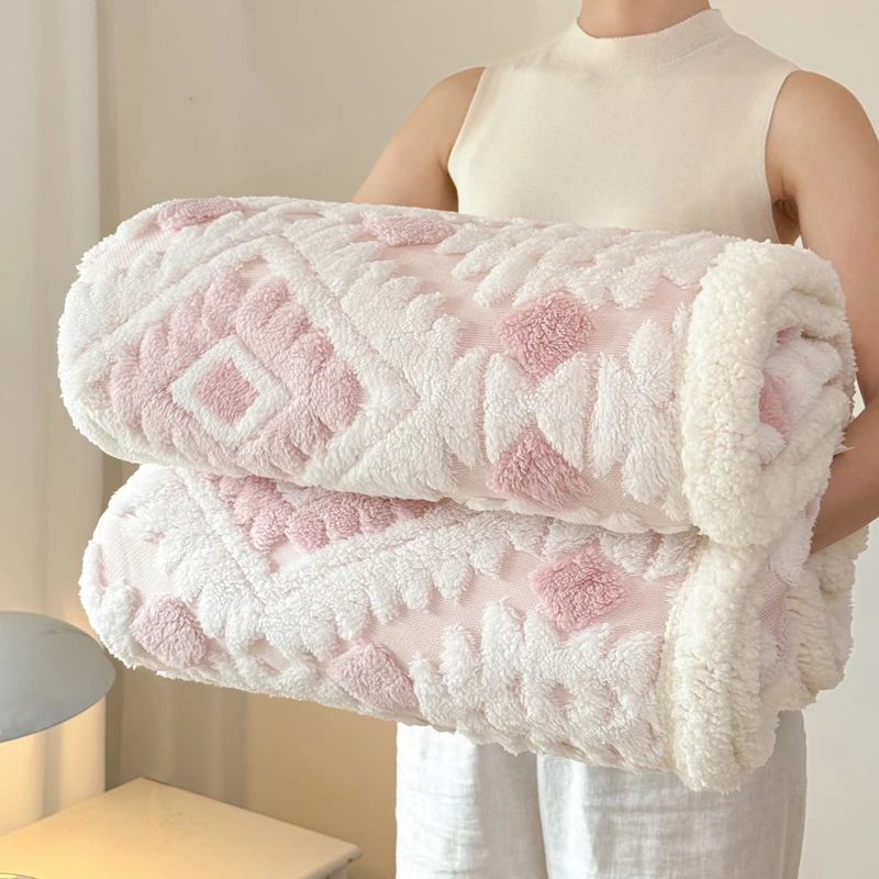 Jacquard-Fleecedecke mit geometrischem Muster, doppellagig, dick, warm, Taft, Sofa-Überwurf, Decke, Herbst-Winter, Plüsch-Bettdecke